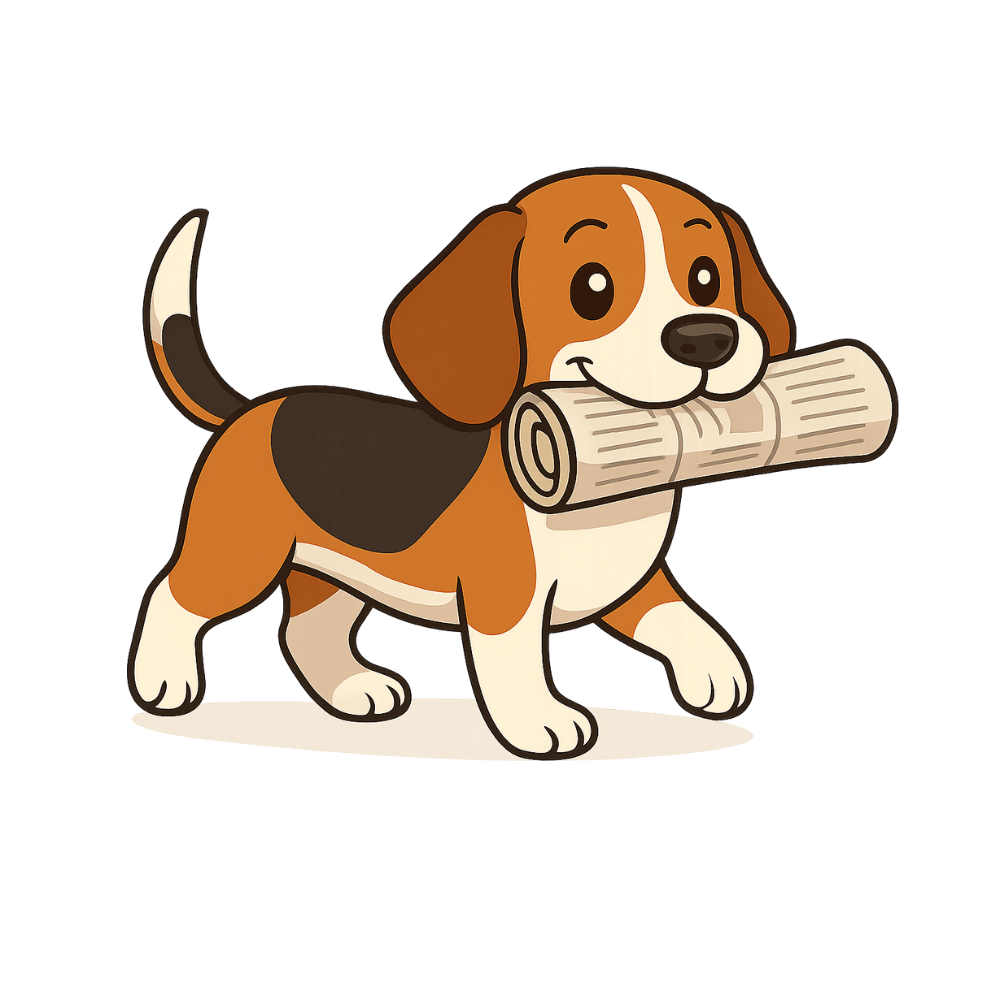 cartoon beagle with newspaper in mouth