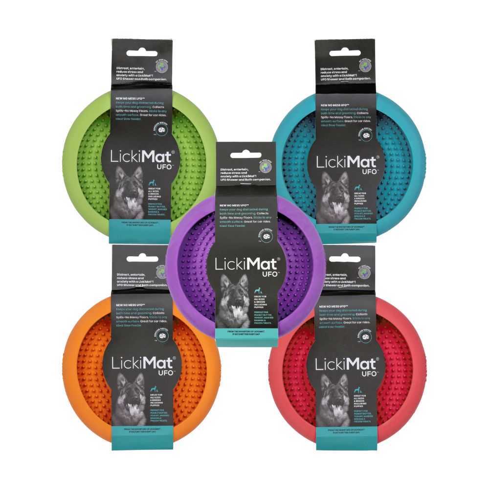 Lickimat UFO enrichment feeding bowl in 5 colours in retail packaging