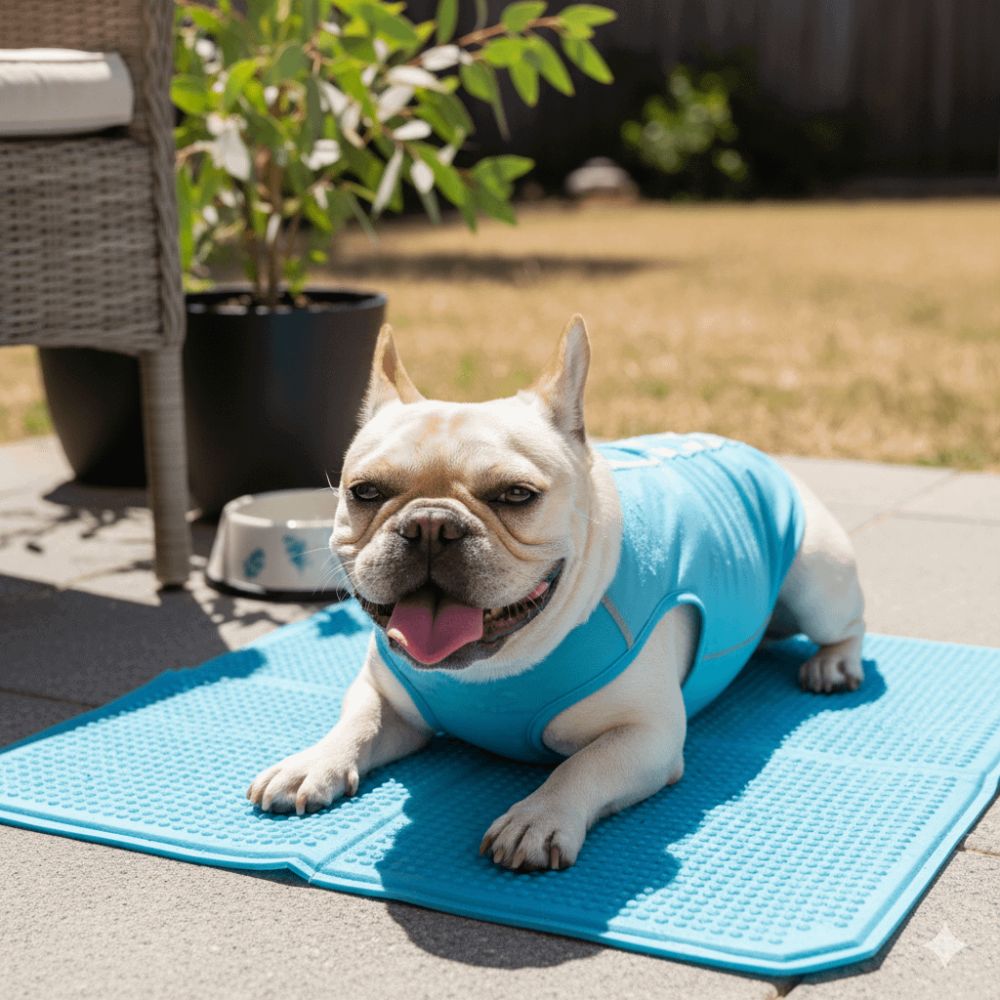 French bulldog panting heavily with cooling vest on a cooling mat during a hot Australian summer