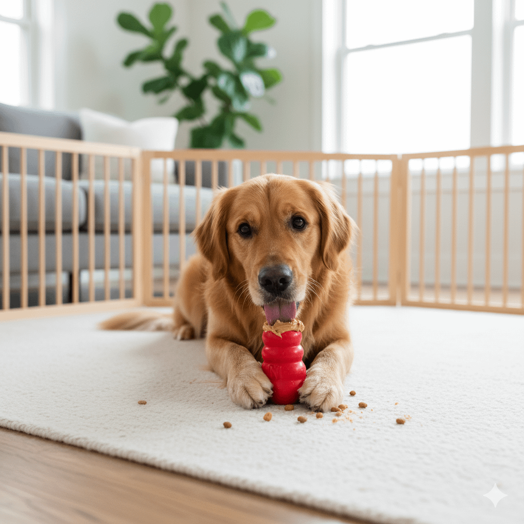 Dog chewing on a stuffed Kong toy in a playpen during a mental stimulation exercise