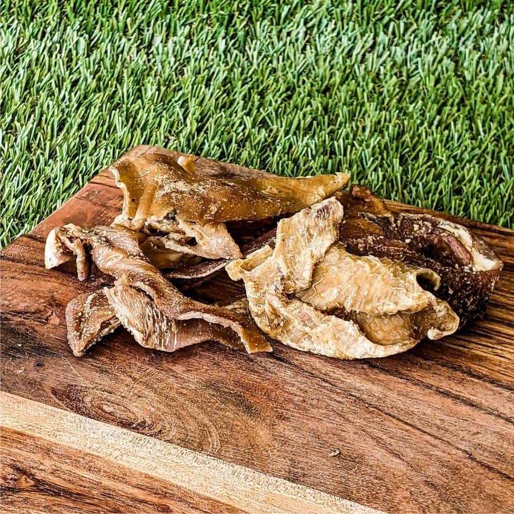 Pile of dried Australian Goat Tripe, a low-fat novel protein probiotic treat for gut health | Bonza Dog Treats