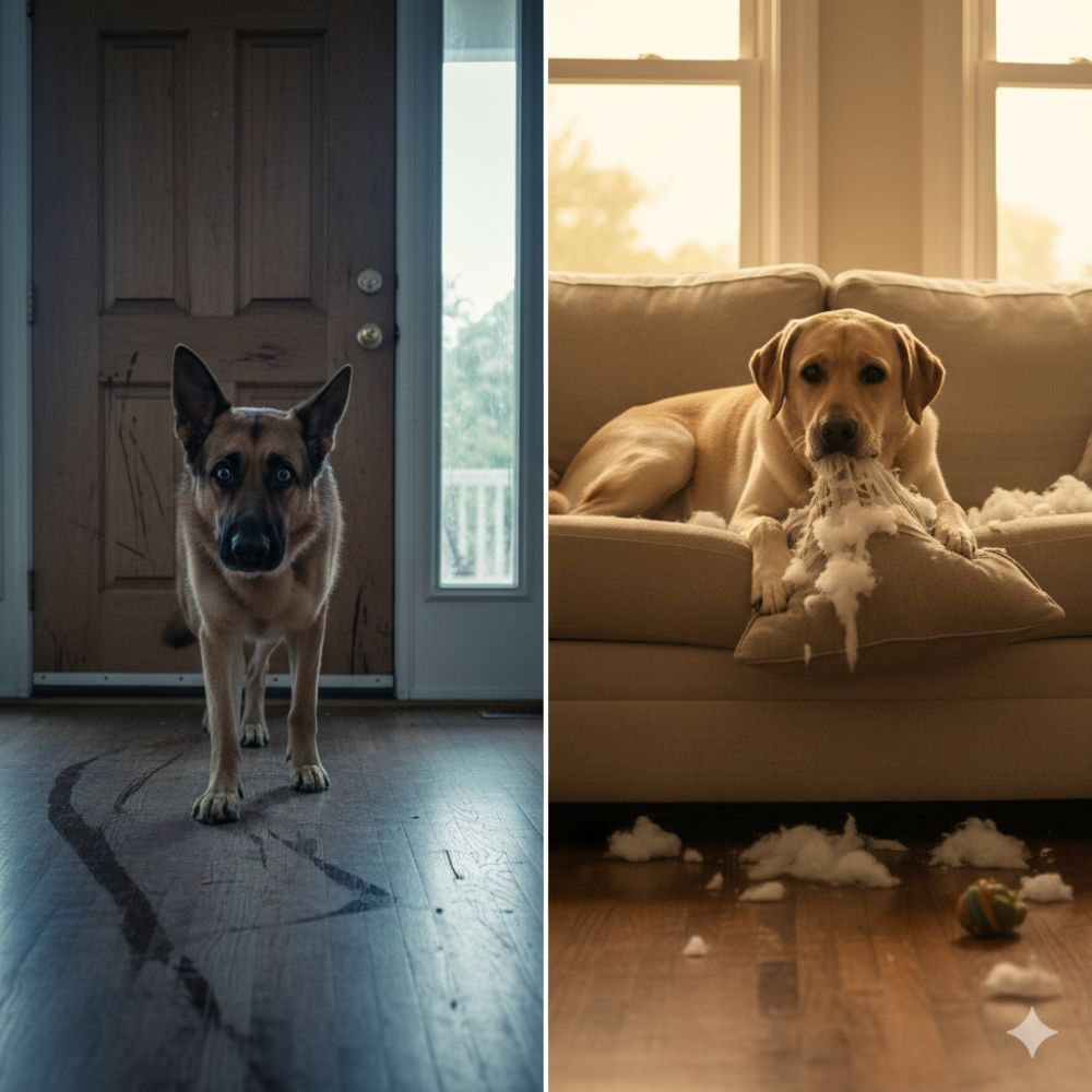 Dog pacing anxiously by a closed door vs. a bored dog chewing a cushion