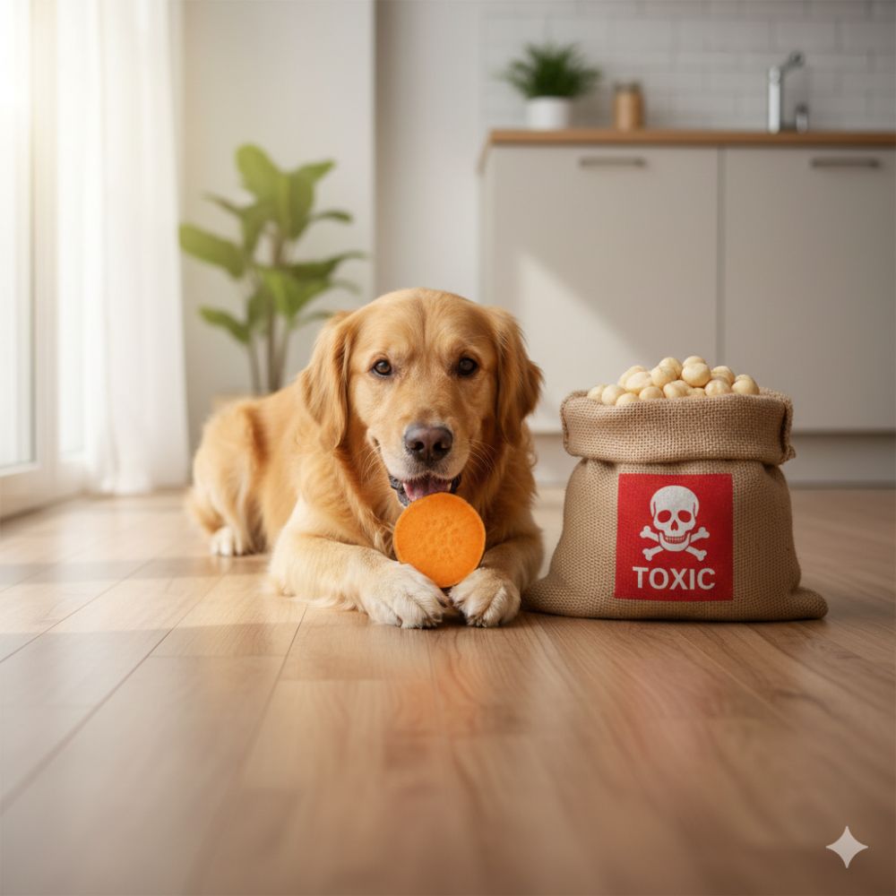 Happy dog safely chewing on a sweet potato slice next to a bag of macadamia nuts with a bright red warning label