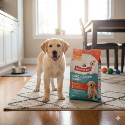 Large breed puppy (like a Labrador) standing on a rug to avoid slipping, next to a bag of specialized large breed puppy food