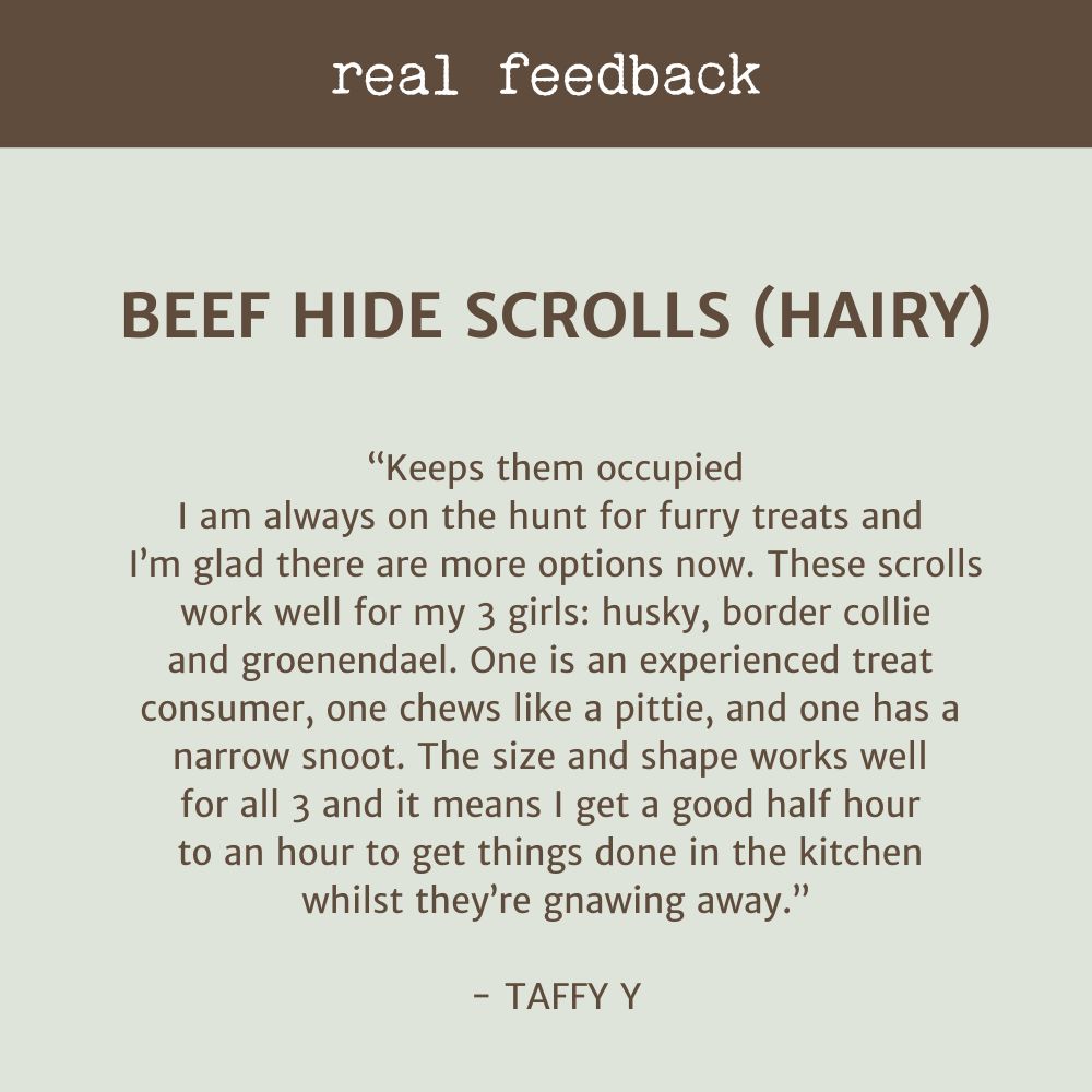 REAL CUSTOMER REVIEW HAIRY BEEF HIDE SCROLLS BONZA DOG TREATS