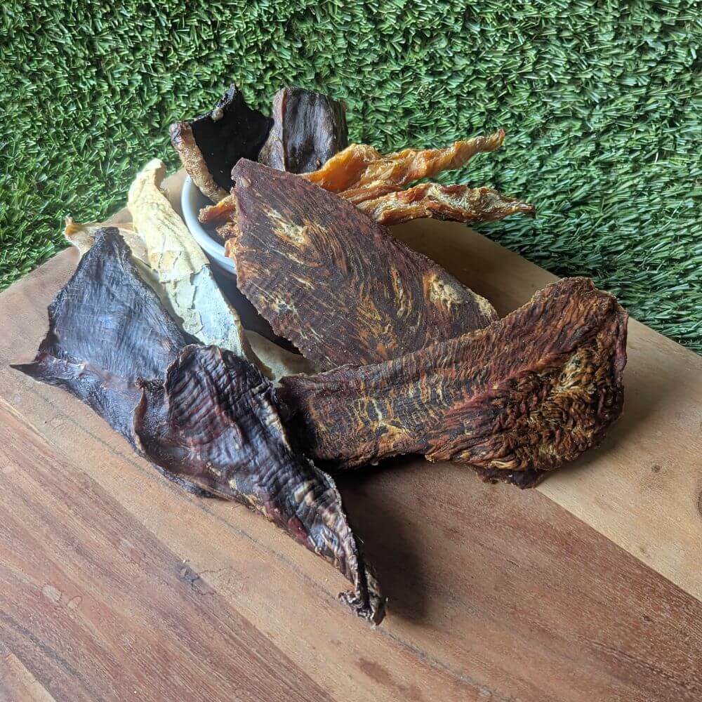 Don't Be A Jerky 5-Flavour Variety Pack showing different strips of Australian jerky | Bonza Dog Treats