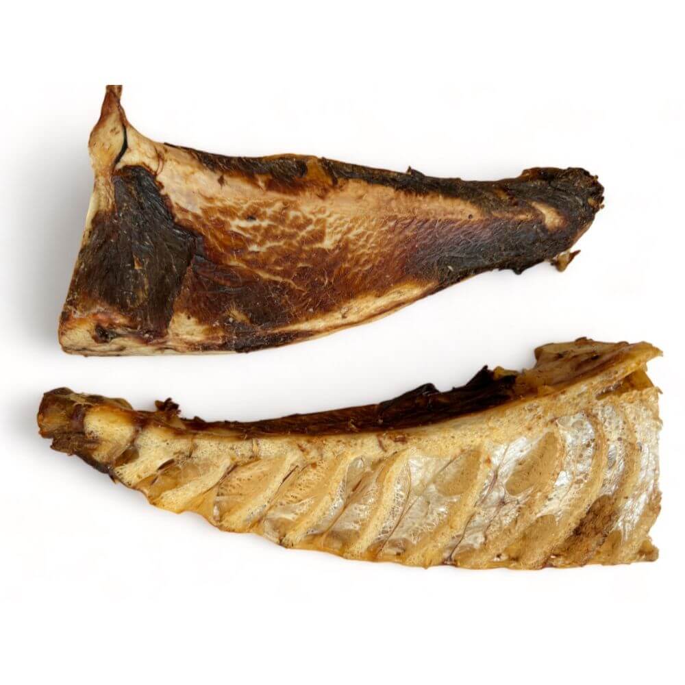Two emu pelvis dental chews for dogs, displayed on a white background.