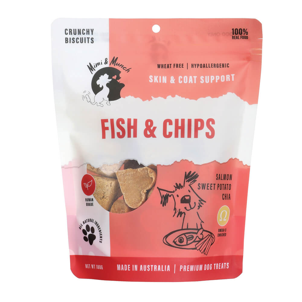 Mimi & Munch Fish & Chips salmon- dog treats crunchy biscuits  for joint health.