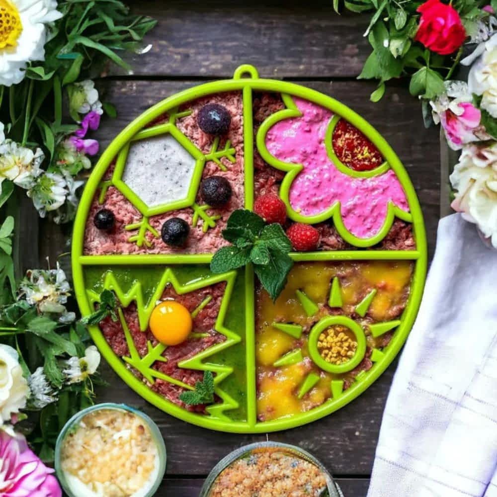 Filled Sodapup Four Seasons eBowl - Shallow Advanced Slow Feeder Enrichment Bowl | Bonza Dog Treats