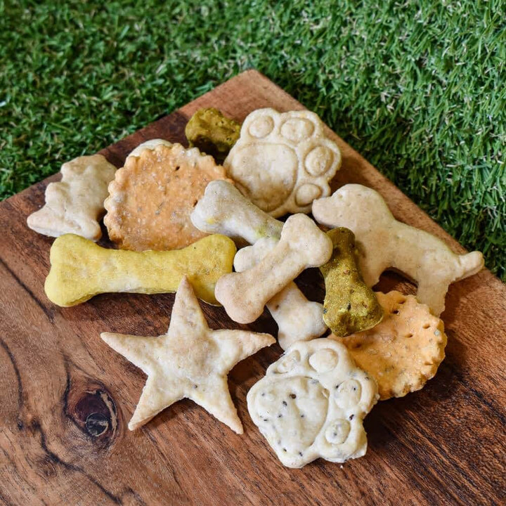 Assorted Gourmet Dog Biscuits Variety Pack, hand-made in Queensland with a crunchy, egg-free recipe | Bonza Dog Treats
