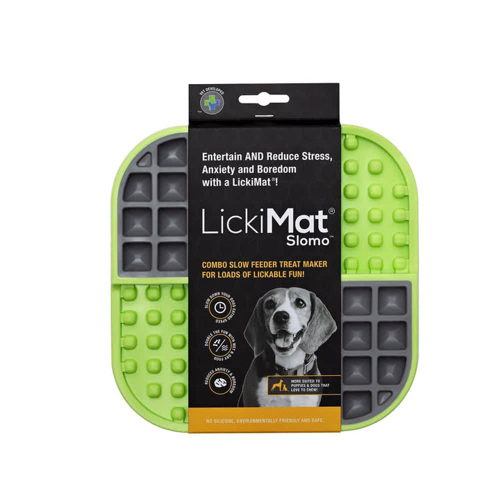 Green Slomo Tuff slow feeder tray in packaging, showing the dual-textured pattern used to reduce dog anxiety and prevent bloat | Bonza Dog Treats