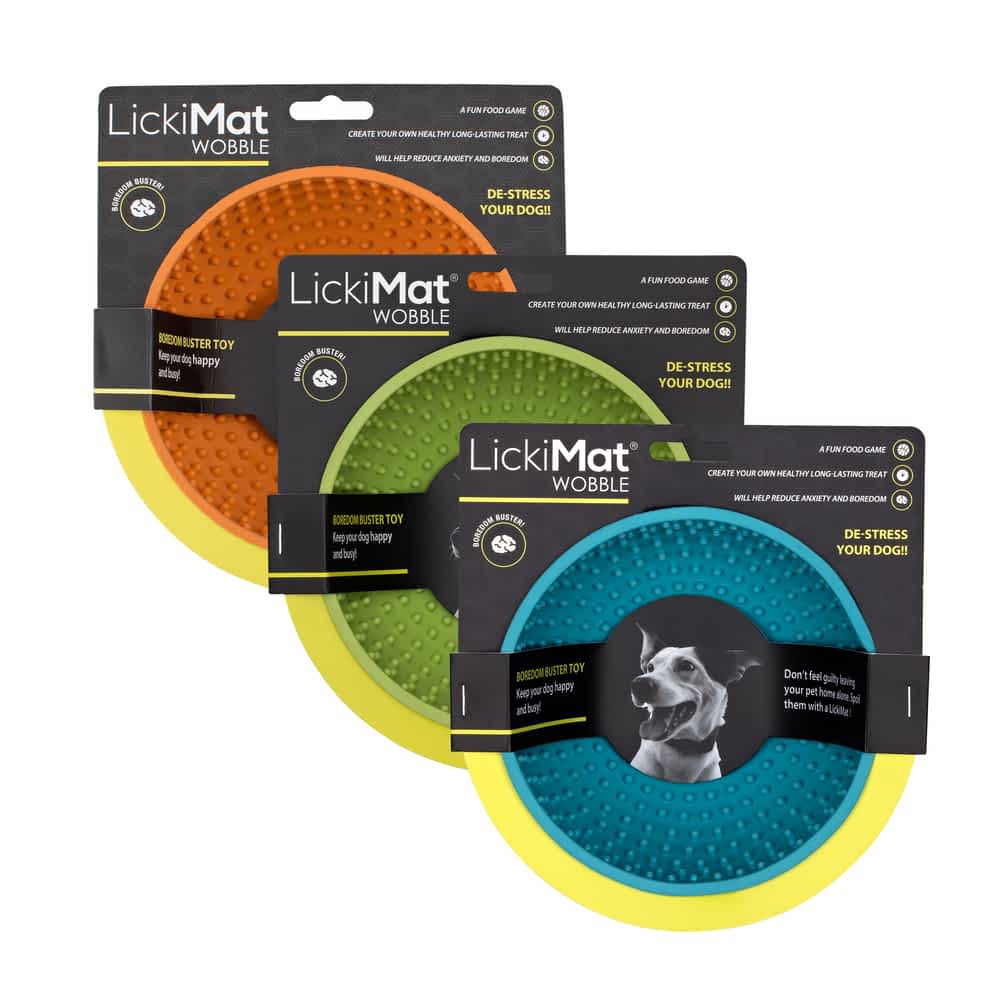  Assorted Lickimat Wobble slow feeder bowls in packaging showing the unique unstable design that provides a mental challenge and prevents bloat in dogs | Bonza Dog Treats