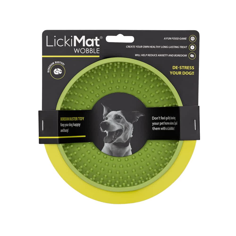 Green Lickimat Wobble slow feeder bowl in packaging showing the unique unstable design that provides a mental challenge and prevents bloat in dogs | Bonza Dog Treats