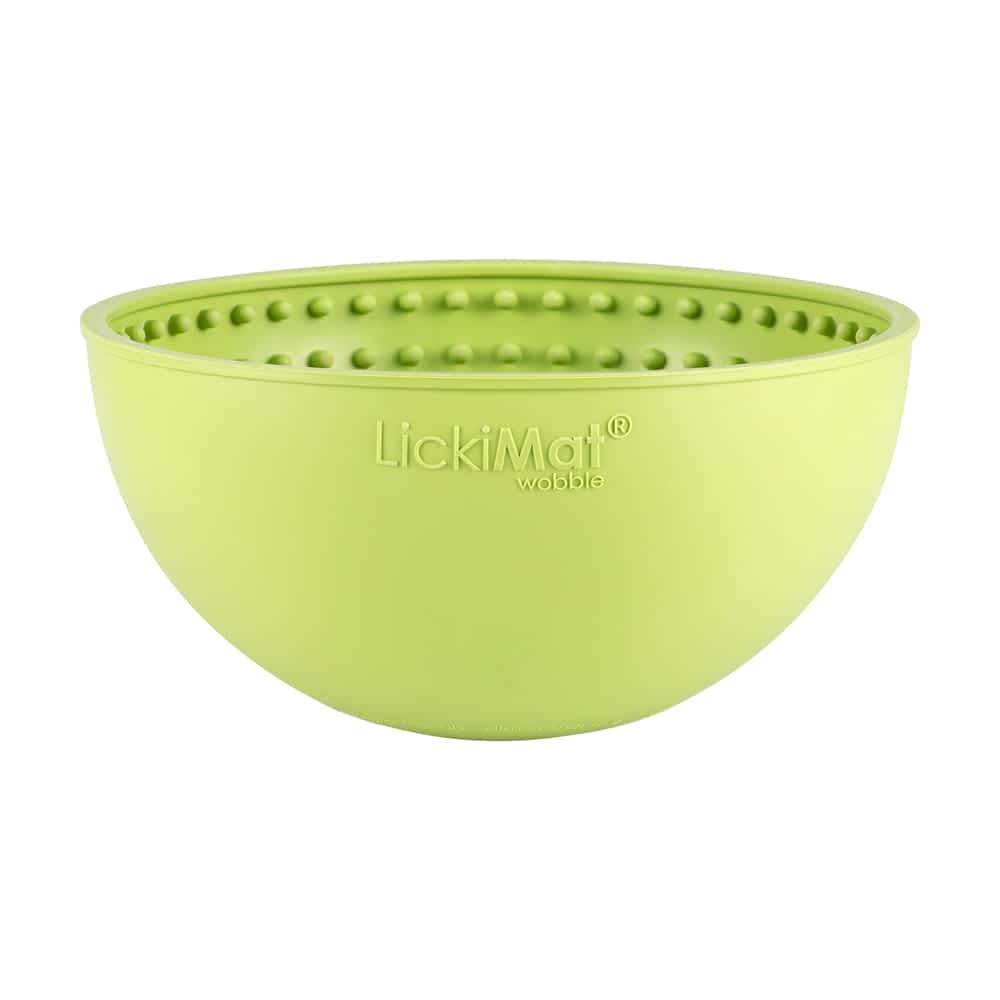 Green Lickimat Wobble slow feeder bowl no packaging showing the unique unstable design that provides a mental challenge and prevents bloat in dogs | Bonza Dog Treats
