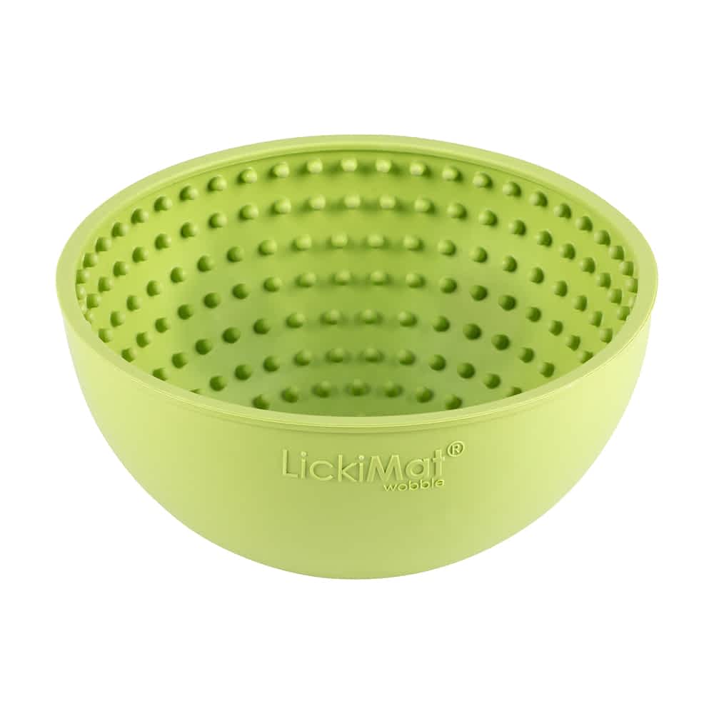 Green Lickimat Wobble slow feeder bowl no packaging showing the unique unstable design that provides a mental challenge and prevents bloat in dogs | Bonza Dog Treats
