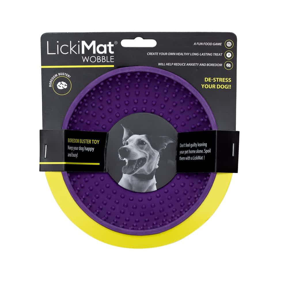 Purple Lickimat Wobble slow feeder bowl in packaging showing the unique unstable design that provides a mental challenge and prevents bloat in dogs | Bonza Dog Treats