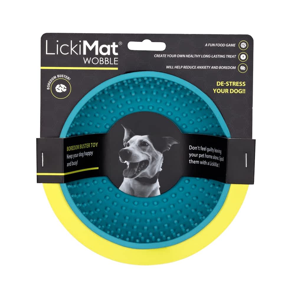 Turquoise Lickimat Wobble slow feeder bowl in packaging showing the unique unstable design that provides a mental challenge and prevents bloat in dogs | Bonza Dog Treats