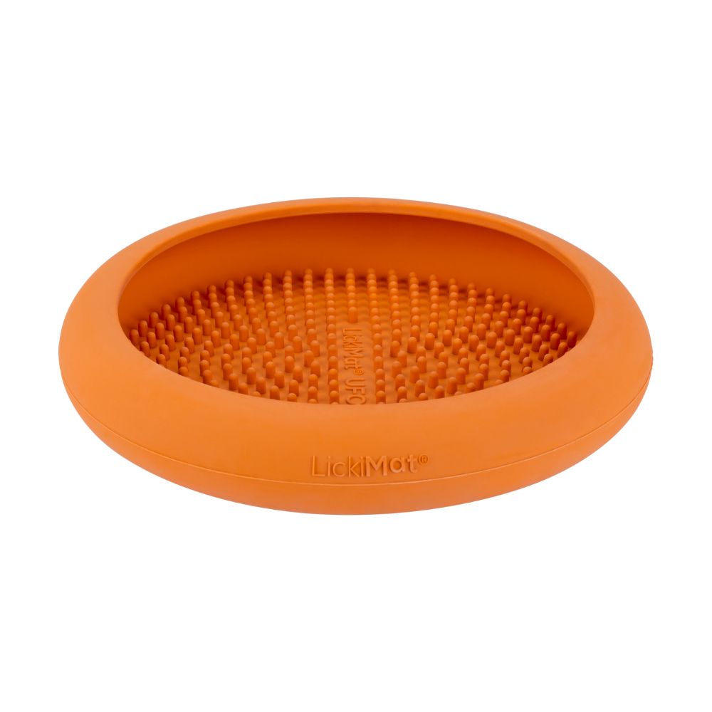 Orange Lickimat UFO enrichment feeder