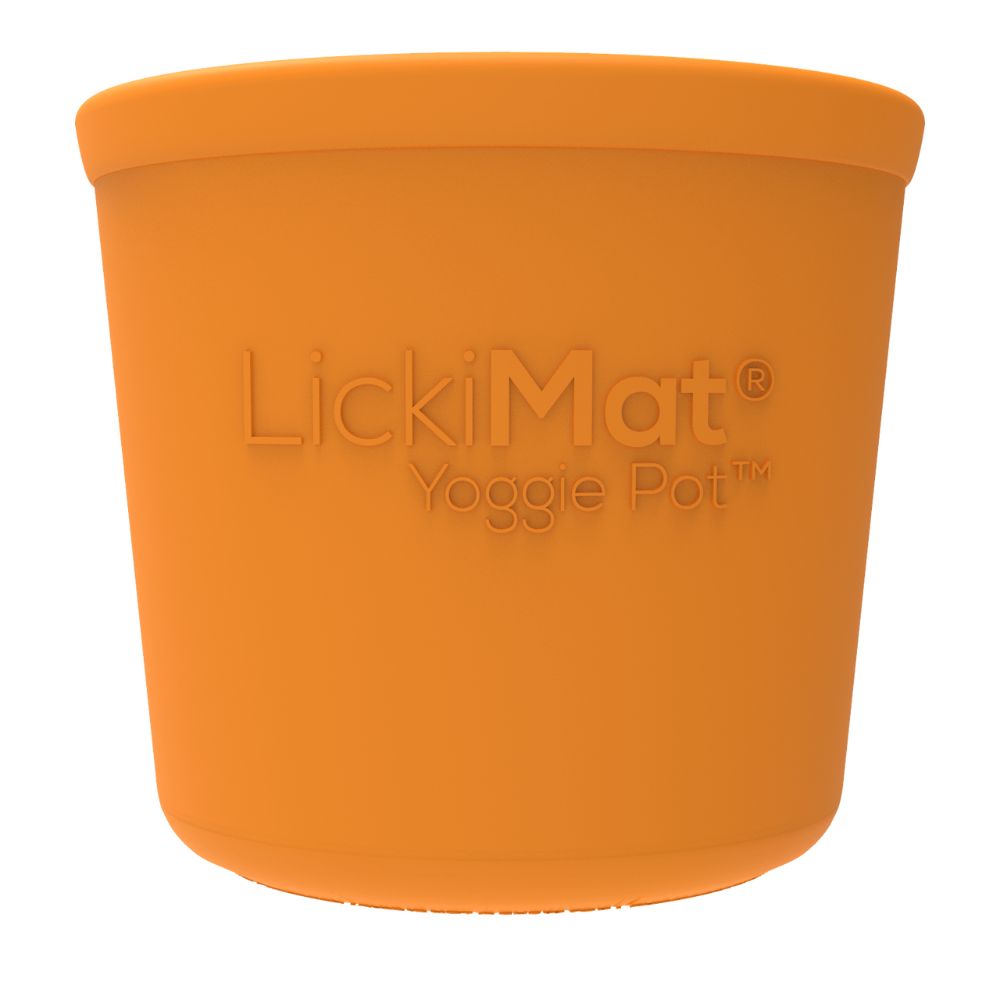 Lickimat Yoggie Pot orange, a portable slow feeder and enrichment toy perfect for travel and training that reduces dog anxiety and prevents bloat | Bonza Dog Treats