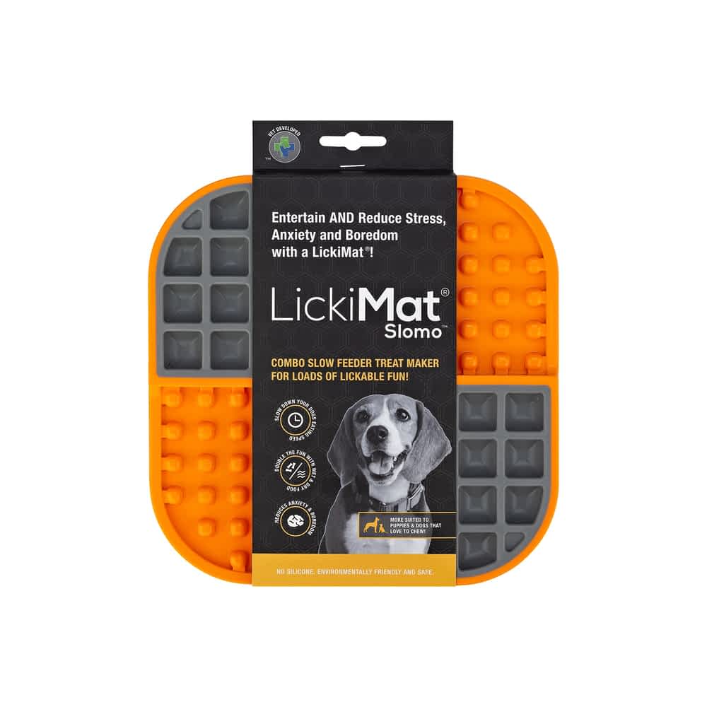 Orange Slomo Tuff slow feeder tray in packaging, showing the dual-textured pattern used to reduce dog anxiety and prevent bloat | Bonza Dog Treats