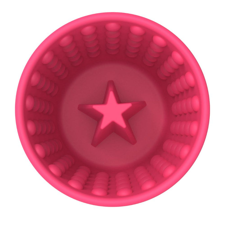 Lickimat Yoggie Pot pink, a portable slow feeder and enrichment toy perfect for travel and training that reduces dog anxiety and prevents bloat | Bonza Dog Treats