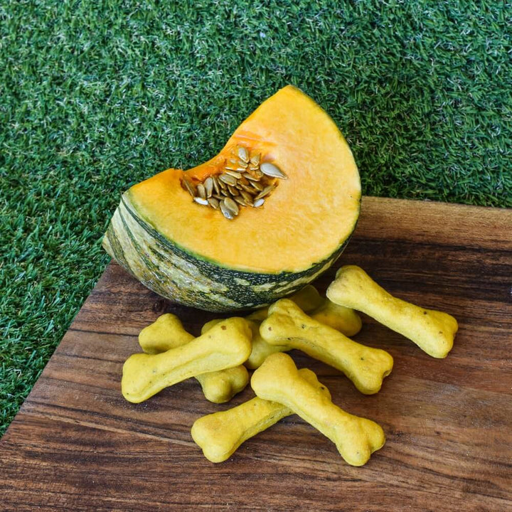 Hand baked bone shaped pumpkin dog biscuits | Bonza Dog Treats