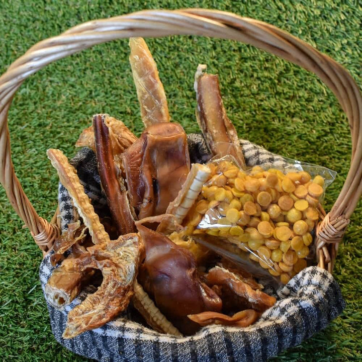 Puppy Chew Bundle Variety Pack, showing a selection of natural Australian puppy treats and chews for teething and training (Pork Pizzle, Lamb Ear, Jerky) | Bonza Dog Treats