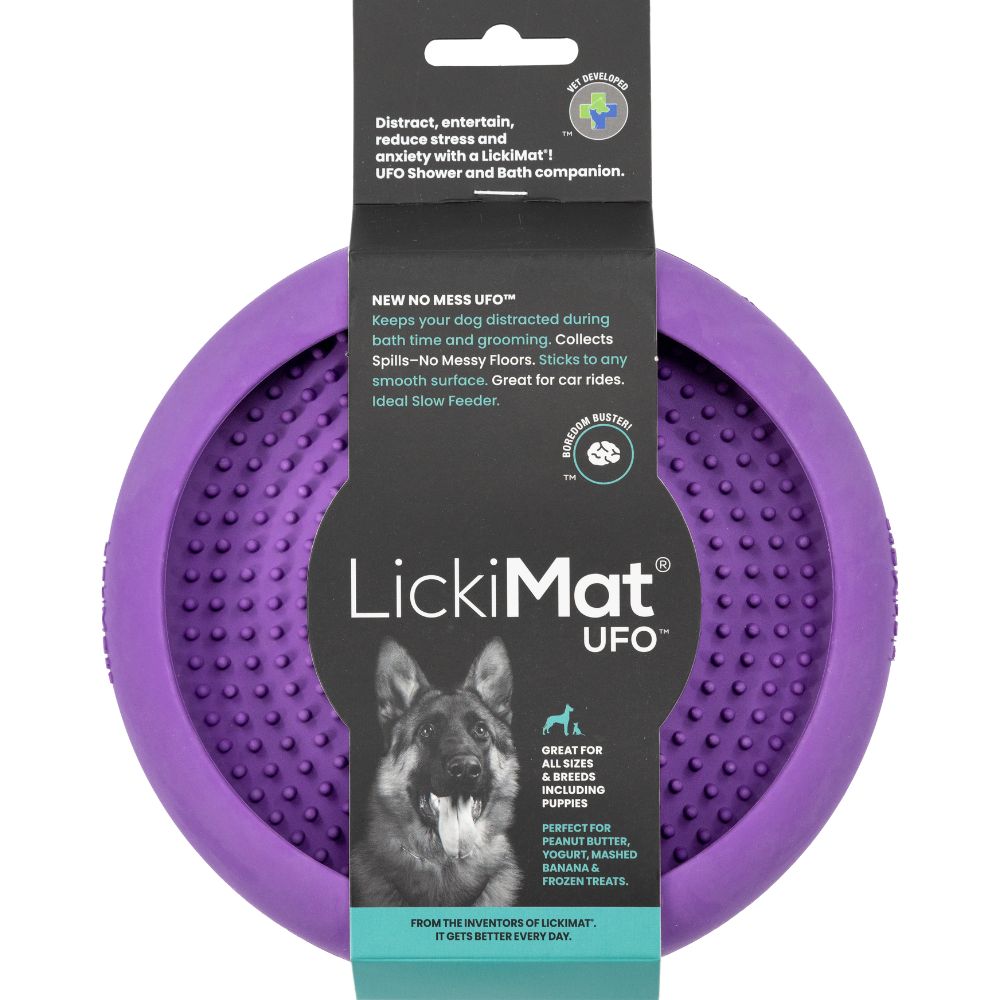 Purple Lickimat UFO with packaging - enrichment feeder for dogs