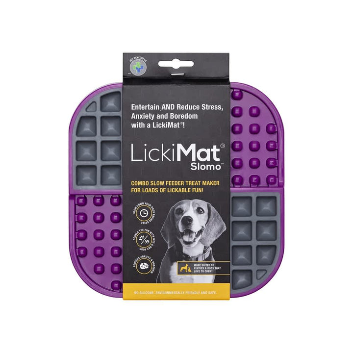 Purple Slomo Tuff slow feeder tray in packaging, showing the dual-textured pattern used to reduce dog anxiety and prevent bloat | Bonza Dog Treats