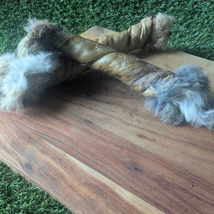 Whole Rabbit Skin Twist with Fur On, a durable novel protein chew for dogs that supports anal gland health and dental plaque removal | Bonza Dog Treats
