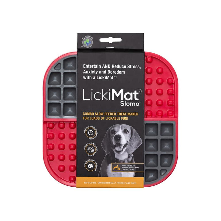 Red Slomo Tuff slow feeder tray in packaging, showing the dual-textured pattern used to reduce dog anxiety and prevent bloat | Bonza Dog Treats