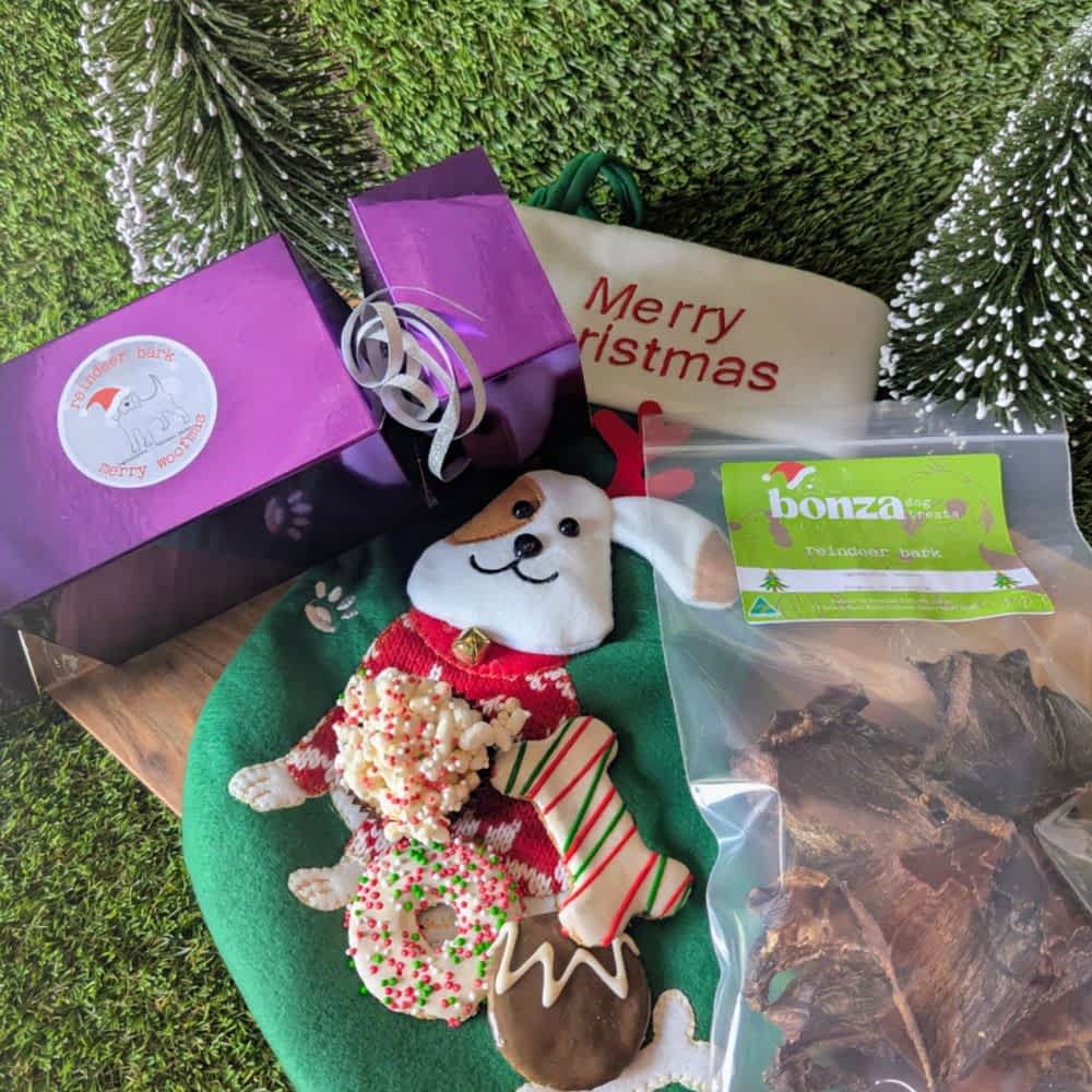 Reusable Santa Stocking stuffed with 6 exclusive festive dog treats, including cookies, bonbons, and venison jerky, the perfect Christmas gift for dogs | Bonza Dog Treats