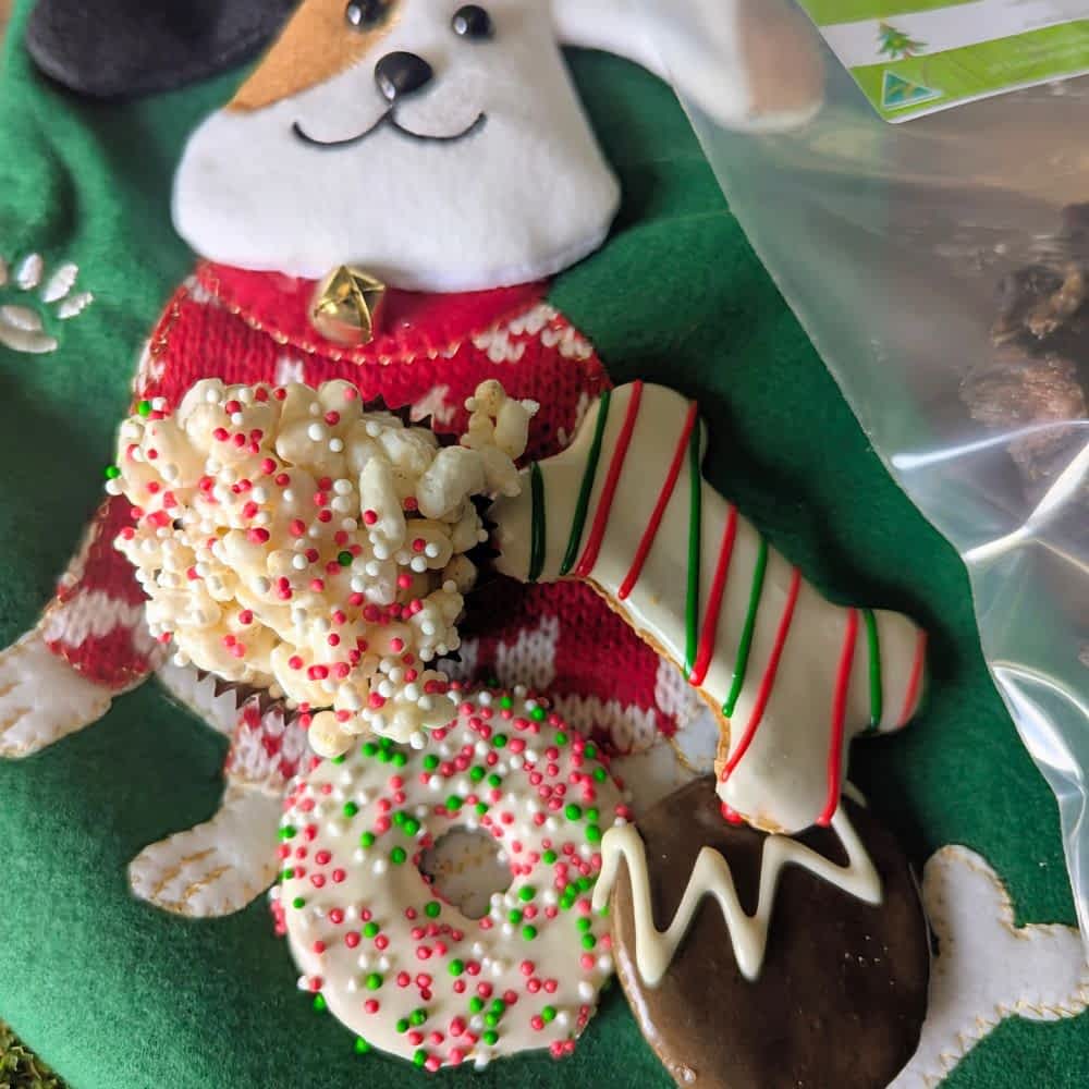 Reusable Santa Stocking stuffed with 6 exclusive festive dog treats, including cookies, bonbons, and venison jerky, the perfect Christmas gift for dogs | Bonza Dog Treats