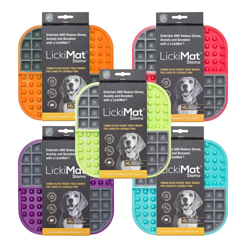 Group of Lickimat Slomo Tuff slow feeder trays in different colors, showing the dual-textured pattern used to reduce dog anxiety and prevent bloat | Bonza Dog Treats