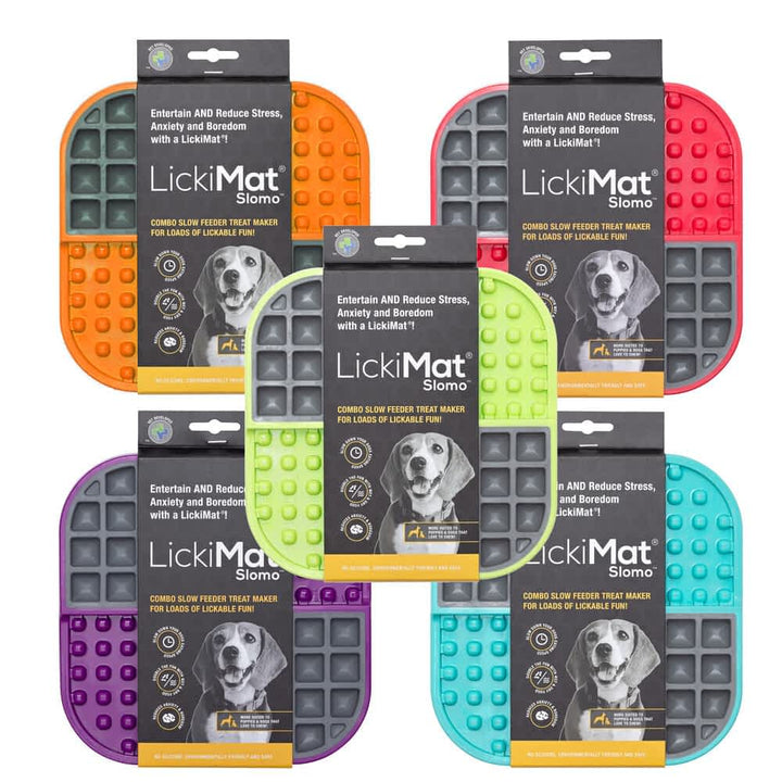 Group of Lickimat Slomo Tuff slow feeder trays in different colors, showing the dual-textured pattern used to reduce dog anxiety and prevent bloat | Bonza Dog Treats