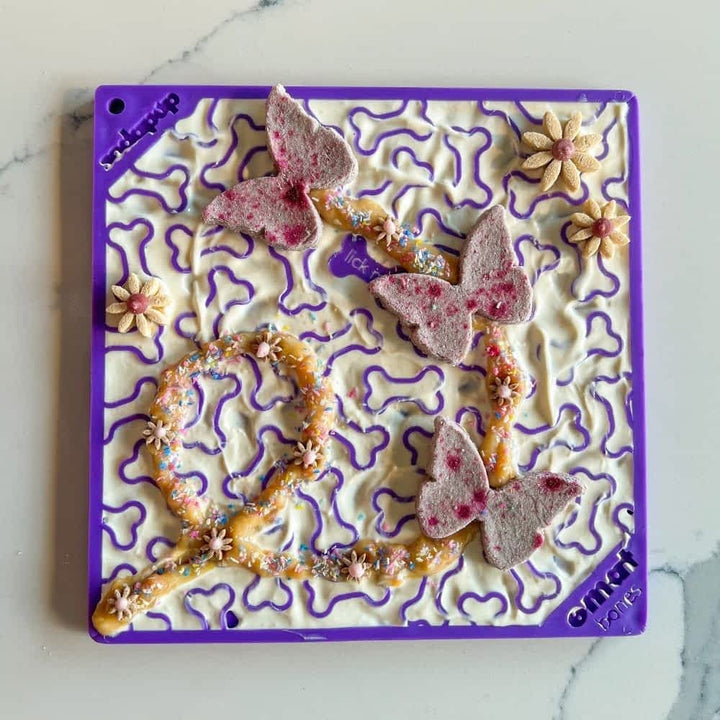 Purple Sodapup Bones Lick Mat - Shallow, Novice Enrichment Feeding Mat filled | Bonza Dog Treats