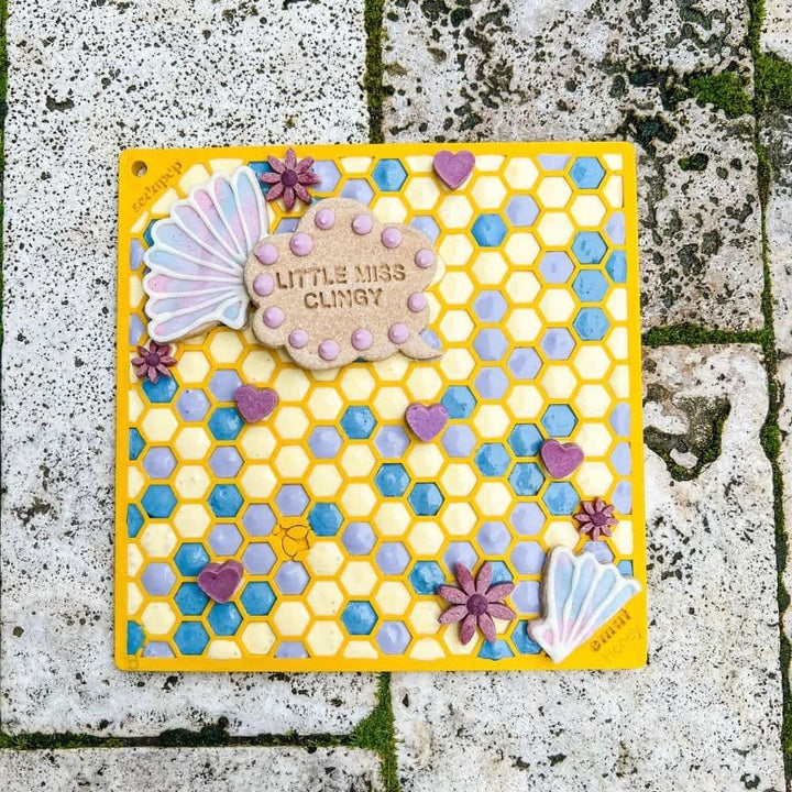 Filled Yellow Sodapup Honeycomb Lick Mat - Deep Groove Enrichment Mat for Experienced Dogs | Bonza Dog Treats