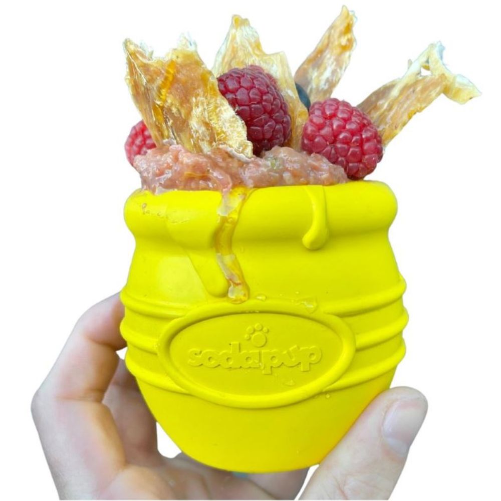 Sodapup Honey Post Enrichment Feeder yellow pot for feeding meals to dogs