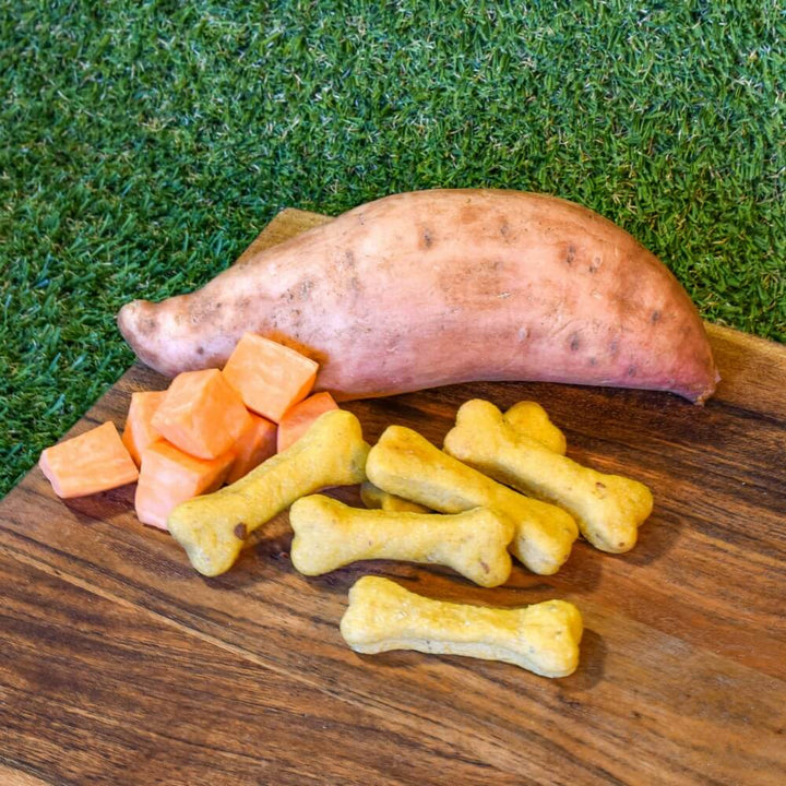 Hand baked bone shaped sweet potato dog biscuits | Bonza Dog Treats