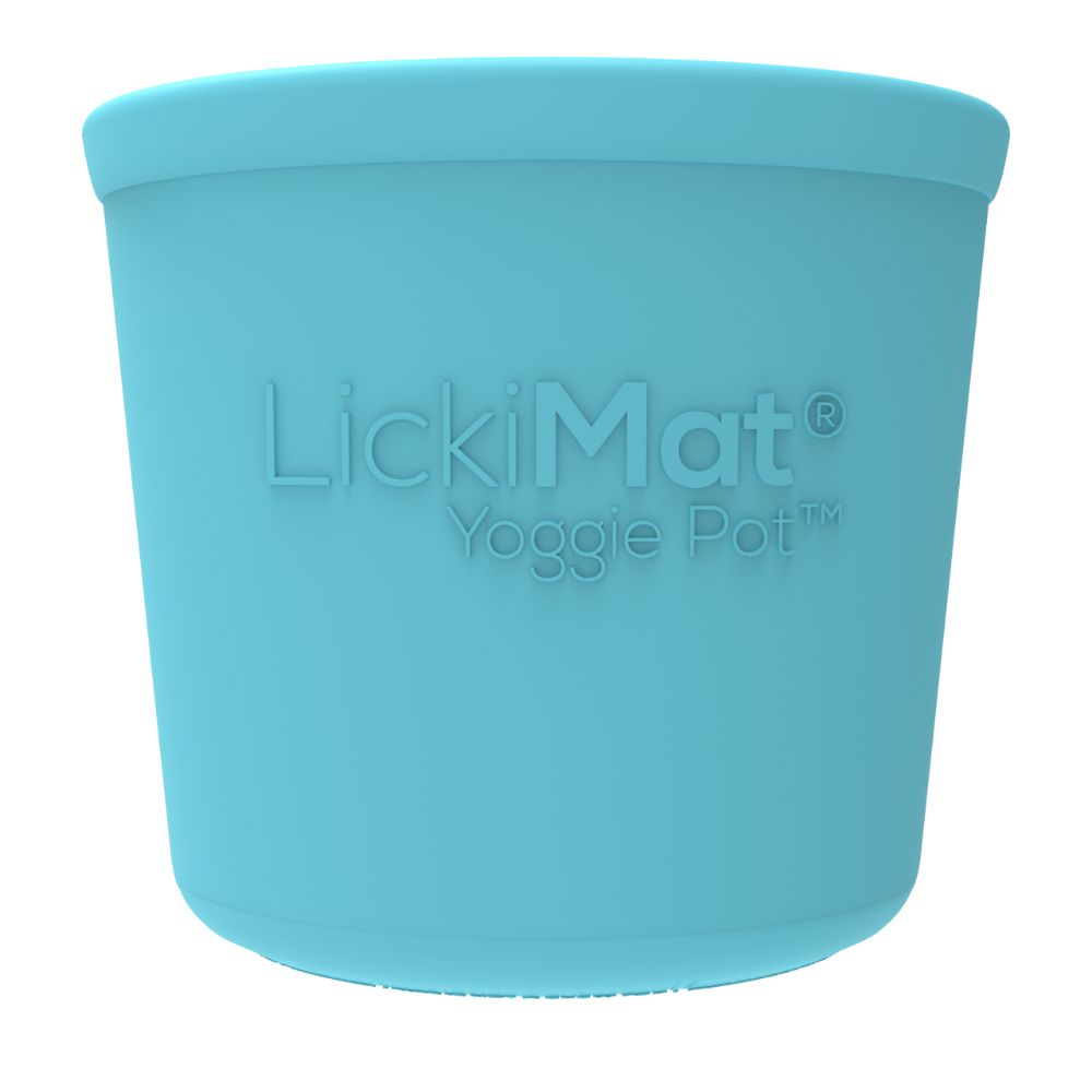 Lickimat Yoggie Pot turquoise, a portable slow feeder and enrichment toy perfect for travel and training that reduces dog anxiety and prevents bloat | Bonza Dog Treats