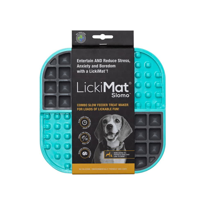 Turquoise Slomo Tuff slow feeder tray in packaging, showing the dual-textured pattern used to reduce dog anxiety and prevent bloat | Bonza Dog Treats