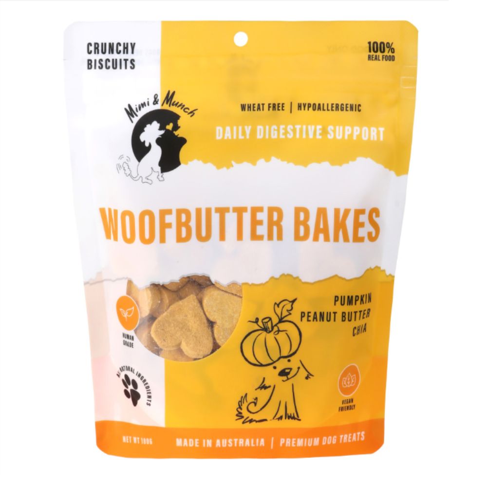 Heart-shaped Mimi & Munch Woofbutter Bakes dog treats.