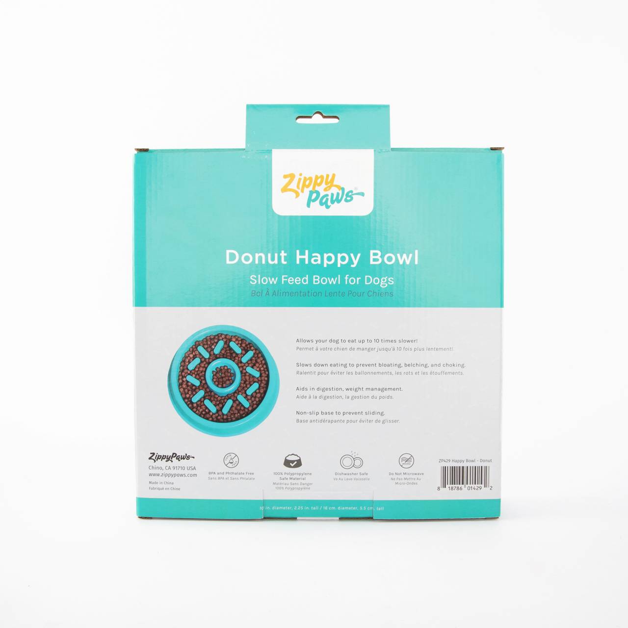Zippy Paws Happy Bowl Donut Slow Feeder Turquoise Reverse packaging