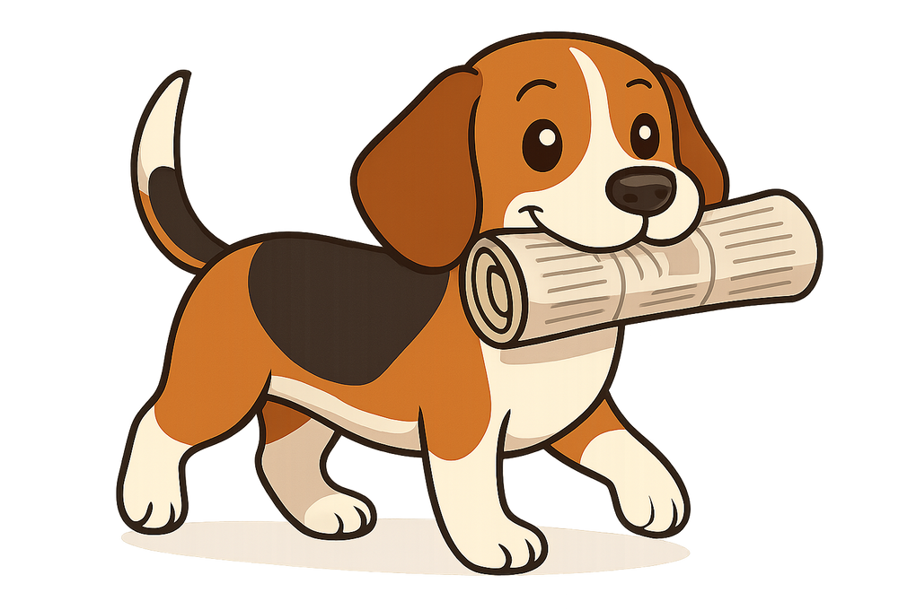 Beagle dog carrying newspaper in moutth