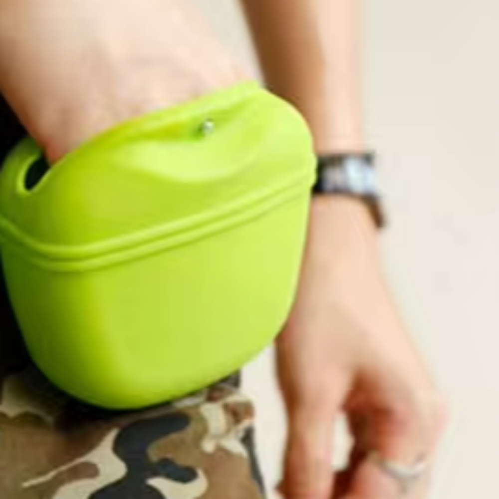 green treat bag in use Bonza Dog Treats