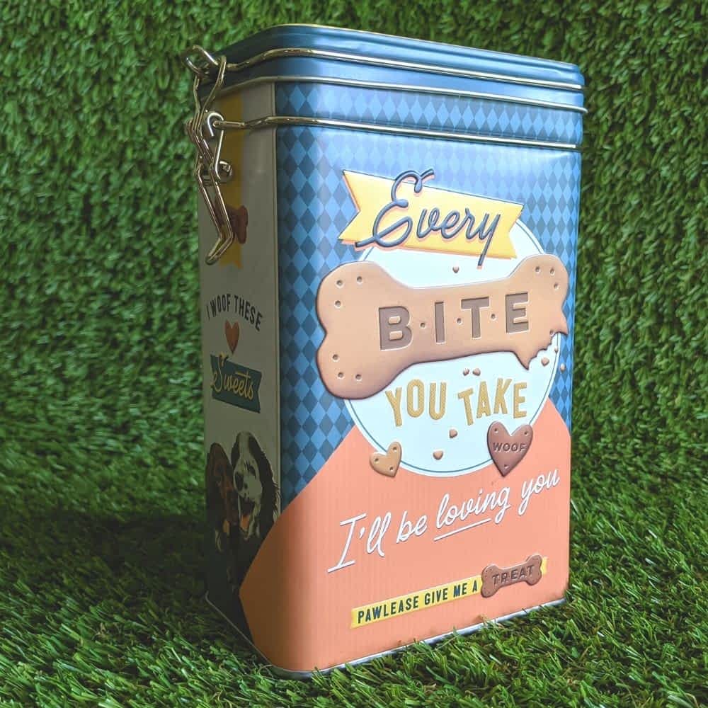 Retro clip top dog treat biscuit storage tin with airtight seal and cute design, 1.3L capacity for fresh dog treats | Bonza Dog Treats