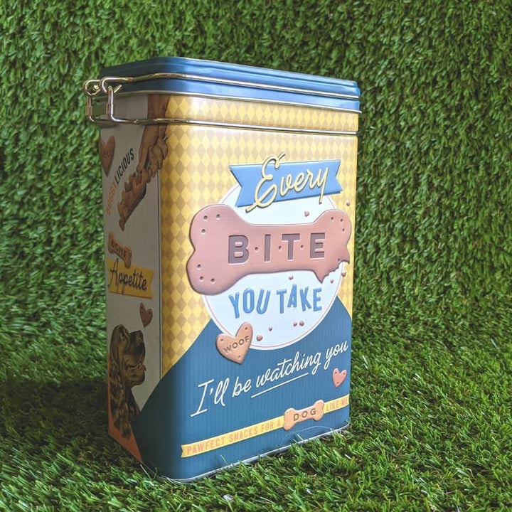 Retro clip top dog treat biscuit storage tin with airtight seal and cute design, 1.3L capacity for fresh dog treats | Bonza Dog Treats