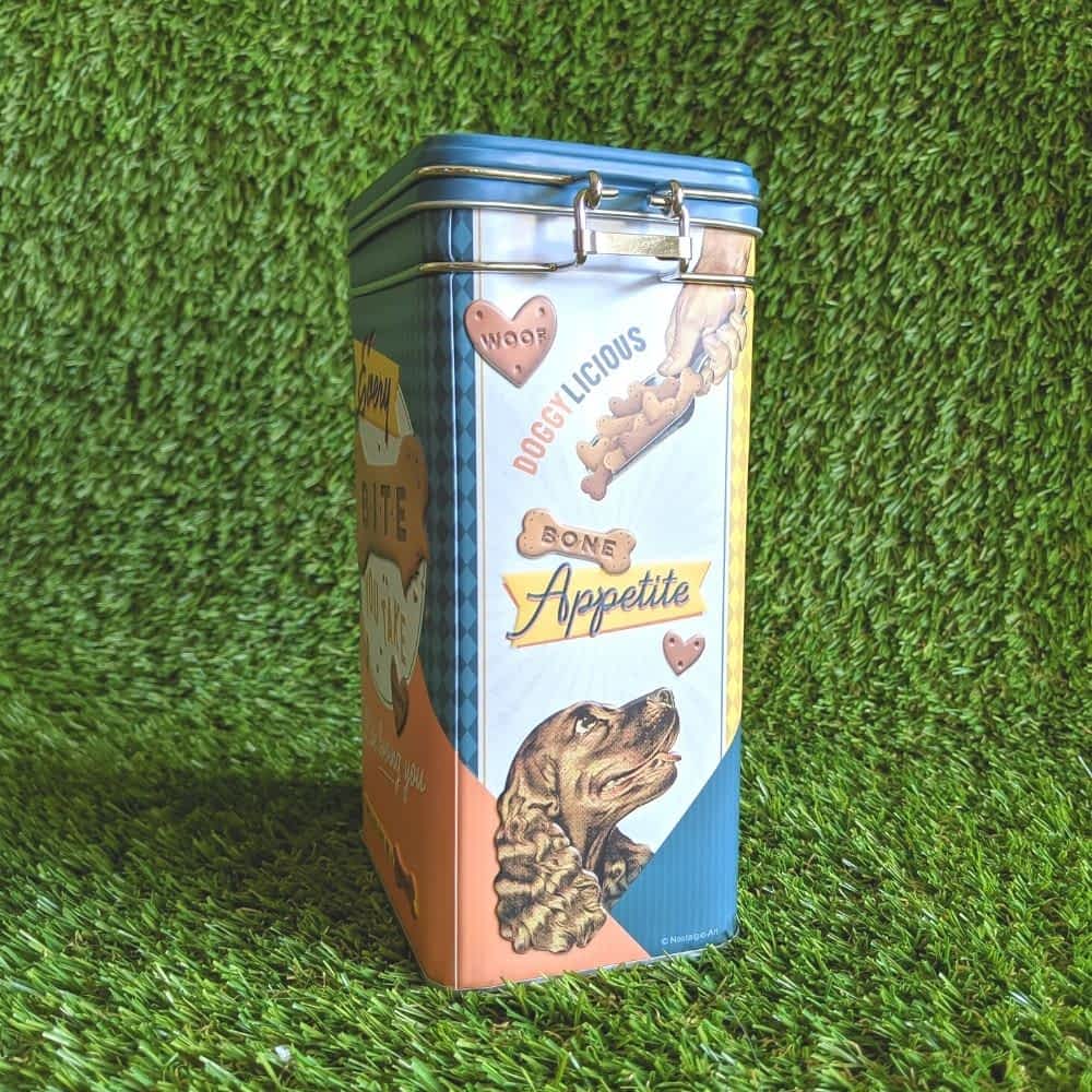 Retro clip top dog treat biscuit storage tin with airtight seal and cute design, 1.3L capacity for fresh dog treats | Bonza Dog Treats
