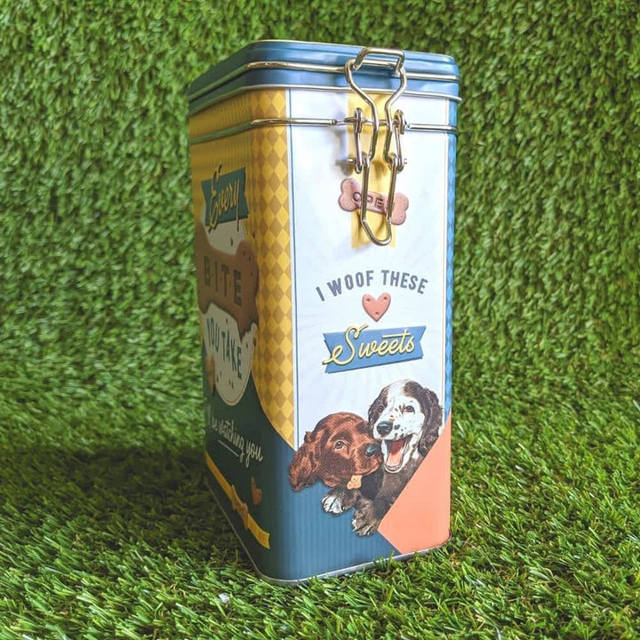 Retro clip top dog treat biscuit storage tin with airtight seal and cute design, 1.3L capacity for fresh dog treats | Bonza Dog Treats