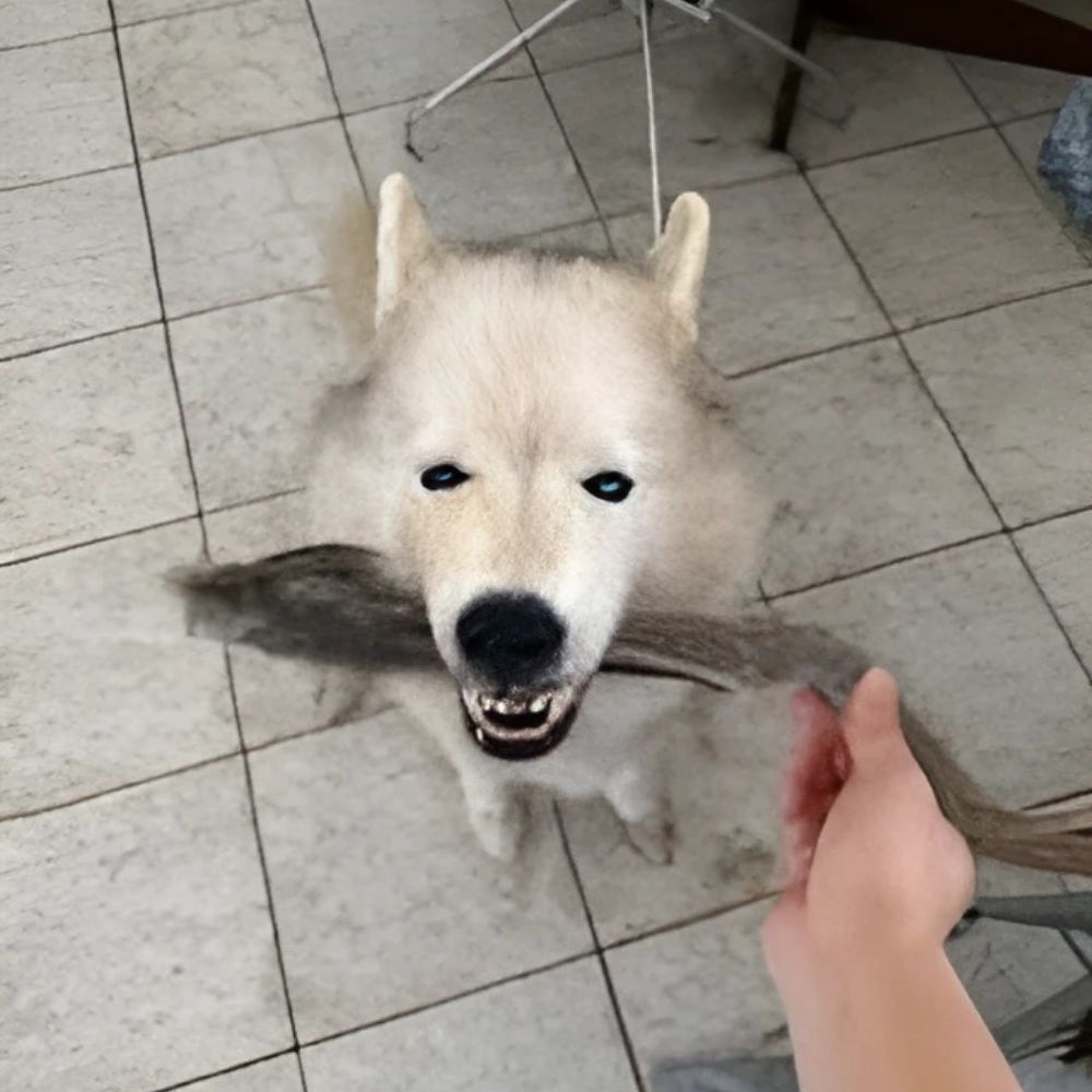 dog with dried wallaby tail treat